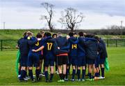 21 January 2023; Australia players huddle after the International friendly match between Republic of Ireland U15's and Australia U16's at the FAI National Training Centre in Dublin. Photo by Ben McShane/Sportsfile