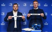 21 January 2023; Leinster players Ed Byrne, left, and Ciarán Frawley during provincial towns cup draw before the Heineken Champions Cup Pool A Round 4 match between Leinster and Racing 92 at Aviva Stadium in Dublin. Photo by David Fitzgerald/Sportsfile