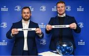21 January 2023; Leinster players Ed Byrne, left, and Ciarán Frawley during provincial towns cup draw before the Heineken Champions Cup Pool A Round 4 match between Leinster and Racing 92 at Aviva Stadium in Dublin. Photo by David Fitzgerald/Sportsfile