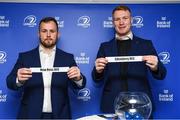 21 January 2023; Leinster players Ed Byrne, left, and Ciarán Frawley during provincial towns cup draw before the Heineken Champions Cup Pool A Round 4 match between Leinster and Racing 92 at Aviva Stadium in Dublin. Photo by David Fitzgerald/Sportsfile