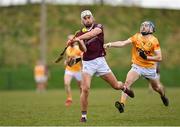 21 January 2023; Jason Flynn of Galway in action against Scott Walsh of Antrim during the Walsh Cup Group 1 Round 3 match between Antrim and Galway  at Louth GAA Centre of Excellence in Darver, Louth. Photo by Stephen Marken/Sportsfile