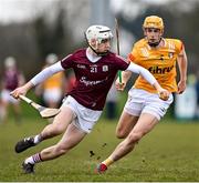 21 January 2023; Declan McLoughlin of Galway in action against Niall O'Connor of Antrim during the Walsh Cup Group 1 Round 3 match between Antrim and Galway  at Louth GAA Centre of Excellence in Darver, Louth. Photo by Stephen Marken/Sportsfile