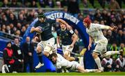 21 January 2023; Caelan Doris of Leinster is tackled by Louis Dupichot of Racing 92 during the Heineken Champions Cup Pool A Round 4 match between Leinster and Racing 92 at Aviva Stadium in Dublin. Photo by Harry Murphy/Sportsfile
