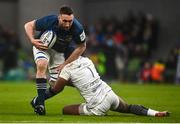 21 January 2023; Jack Conan of Leinster is tackled by Eddy Ben Arous of Racing 92 during the Heineken Champions Cup Pool A Round 4 match between Leinster and Racing 92 at Aviva Stadium in Dublin. Photo by David Fitzgerald/Sportsfile