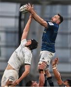 21 January 2023; Jack Conan of Leinster in action against Baptiste Chouzenoux of Racing 92 during the Heineken Champions Cup Pool A Round 4 match between Leinster and Racing 92 at Aviva Stadium in Dublin. Photo by David Fitzgerald/Sportsfile