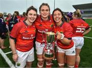 21 January 2023; Deirbhile Nic a Bháird, Dorothy Wall and Maeve Óg O’Leary of Munster celebrate after the match the Vodafone Women’s Interprovincial Championship Round Three match between Connacht and Munster at The Sportsground in Galway. Photo by Ray Ryan/Sportsfile