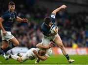 21 January 2023; Jimmy O'Brien of Leinster is tackled by Nolann Le Garrec of Racing 92 during the Heineken Champions Cup Pool A Round 4 match between Leinster and Racing 92 at Aviva Stadium in Dublin. Photo by Harry Murphy/Sportsfile