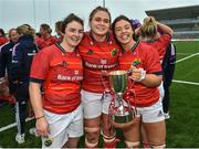 21 January 2023; Deirbhile Nic a Bháird, Dorothy Wall and Maeve Óg O’Leary of Munster celebrate after the match the Vodafone Women’s Interprovincial Championship Round Three match between Connacht and Munster at The Sportsground in Galway. Photo by Ray Ryan/Sportsfile