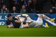 21 January 2023; Jimmy O'Brien of Leinster scores his side's first try despite Gael Fickou of Racing 92 during the Heineken Champions Cup Pool A Round 4 match between Leinster and Racing 92 at Aviva Stadium in Dublin. Photo by David Fitzgerald/Sportsfile