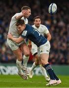 21 January 2023; Finn Russell of Racing 92 is tackled by Garry Ringrose of Leinster during the Heineken Champions Cup Pool A Round 4 match between Leinster and Racing 92 at Aviva Stadium in Dublin. Photo by Brendan Moran/Sportsfile