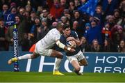 21 January 2023; Jimmy O'Brien of Leinster scores his side's first try despite Gael Fickou of Racing 92 during the Heineken Champions Cup Pool A Round 4 match between Leinster and Racing 92 at Aviva Stadium in Dublin. Photo by David Fitzgerald/Sportsfile