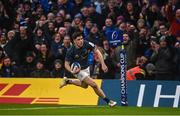 21 January 2023; Jimmy O'Brien of Leinster on his way to scoring his side's first try during the Heineken Champions Cup Pool A Round 4 match between Leinster and Racing 92 at Aviva Stadium in Dublin. Photo by David Fitzgerald/Sportsfile