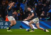 21 January 2023; Jimmy O'Brien of Leinster, right, celebrates after scoring his side's first try with team mate Jordan Larmour during the Heineken Champions Cup Pool A Round 4 match between Leinster and Racing 92 at Aviva Stadium in Dublin. Photo by David Fitzgerald/Sportsfile