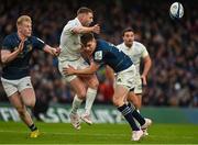 21 January 2023; Finn Russell of Racing 92 offloads as he is tackled by Garry Ringrose of Leinster during the Heineken Champions Cup Pool A Round 4 match between Leinster and Racing 92 at Aviva Stadium in Dublin. Photo by Brendan Moran/Sportsfile