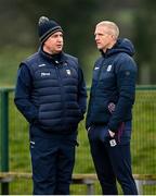 21 January 2023; Antrim manager Darren Gleeson and Galway manager Henry Shefflin chat after the Walsh Cup Group 1 Round 3 match between Antrim and Galway  at Louth GAA Centre of Excellence in Darver, Louth. Photo by Stephen Marken/Sportsfile