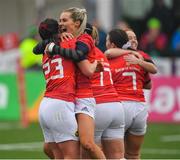 21 January 2023; Munster players Aoife Doyle and Heather Kennedy of Munster celebrate after the match in the Vodafone Women’s Interprovincial Championship Round Three match between Connacht and Munster at The Sportsground in Galway. Photo by Ray Ryan/Sportsfile