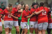21 January 2023; Munster players celebrate after the match in the Vodafone Women’s Interprovincial Championship Round Three match between Connacht and Munster at The Sportsground in Galway. Photo by Ray Ryan/Sportsfile