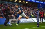 21 January 2023; Jordan Larmour of Leinster reacts as he fails to make it to a crossfield kick during the Heineken Champions Cup Pool A Round 4 match between Leinster and Racing 92 at Aviva Stadium in Dublin. Photo by David Fitzgerald/Sportsfile