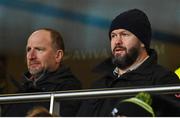 21 January 2023; Ireland head coach Andy Farrell and assistant coach Mike Catt, left, look on during the Heineken Champions Cup Pool A Round 4 match between Leinster and Racing 92 at Aviva Stadium in Dublin. Photo by Brendan Moran/Sportsfile
