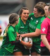 21 January 2023; Hannah Coen of Connacht is congratulated by team mates after scoring a try during the Vodafone Women’s Interprovincial Championship Round Three match between Connacht and Munster at The Sportsground in Galway. Photo by Ray Ryan/Sportsfile
