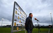 21 January 2023; Dublin manager Mick Bohan is interviewed by TG4 before the Lidl Ladies National Football League Division 1 match between Dublin and Meath at DCU St Clare's in Dublin. Photo by Eóin Noonan/Sportsfile