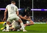 21 January 2023; Hugo Keenan of Leinster, supported by teammate Caelan Doris dives over to score his side's second try during the Heineken Champions Cup Pool A Round 4 match between Leinster and Racing 92 at Aviva Stadium in Dublin. Photo by Harry Murphy/Sportsfile