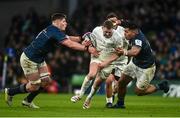 21 January 2023; Finn Russell of Racing 92 in action against Joe McCarthy, left, and Michael Ala'alatoa of Leinster during the Heineken Champions Cup Pool A Round 4 match between Leinster and Racing 92 at Aviva Stadium in Dublin. Photo by David Fitzgerald/Sportsfile