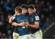 21 January 2023; Hugo Keenan of Leinster, right, celebrates with teammates Jordan Larmour and Jimmy O'Brien after scoring his side's fourth try during the Heineken Champions Cup Pool A Round 4 match between Leinster and Racing 92 at Aviva Stadium in Dublin. Photo by Harry Murphy/Sportsfile