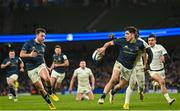 21 January 2023; Jimmy O'Brien of Leinster offloads to teammate Hugo Keenan in the build up to his side's fourth try during the Heineken Champions Cup Pool A Round 4 match between Leinster and Racing 92 at Aviva Stadium in Dublin. Photo by Harry Murphy/Sportsfile