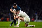 21 January 2023; Jack Conan of Leinster is tackled by Finn Russell of Racing 92 during the Heineken Champions Cup Pool A Round 4 match between Leinster and Racing 92 at Aviva Stadium in Dublin. Photo by Harry Murphy/Sportsfile