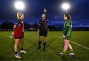 21 January 2023; Referee Kevin Phelan with Dublin captain Carla Rowe and Meath captain Shauna Ennis during the Lidl Ladies National Football League Division 1 match between Dublin and Meath at DCU St Clare's in Dublin. Photo by Eóin Noonan/Sportsfile