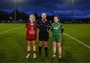 21 January 2023; Referee Kevin Phelan with Dublin captain Carla Rowe and Meath captain Shauna Ennis during the Lidl Ladies National Football League Division 1 match between Dublin and Meath at DCU St Clare's in Dublin. Photo by Eóin Noonan/Sportsfile