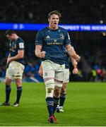 21 January 2023; Ryan Baird of Leinster celebrates after the Heineken Champions Cup Pool A Round 4 match between Leinster and Racing 92 at Aviva Stadium in Dublin. Photo by Brendan Moran/Sportsfile