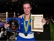 21 January 2023; Bethany Doocey of Castlebar Boxing Club, Mayo, with her trophy after victory over Dearbhla Tinnelly of Clann Naofa Boxing Club, Louth, after their light heavyweight 81kg final bout at the IABA National Elite Boxing Championships Finals at the National Boxing Stadium in Dublin. Photo by Seb Daly/Sportsfile