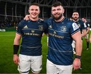 21 January 2023; Scott Penny and Michael Milne of Leinster after their side's victory in the Heineken Champions Cup Pool A Round 4 match between Leinster and Racing 92 at Aviva Stadium in Dublin. Photo by Harry Murphy/Sportsfile