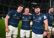 21 January 2023; Leinster players, from left, Ryan Baird, Scott Penny and Michael Milne after their side's victory in the Heineken Champions Cup Pool A Round 4 match between Leinster and Racing 92 at Aviva Stadium in Dublin. Photo by Harry Murphy/Sportsfile