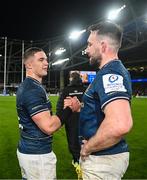 21 January 2023; Scott Penny and Jack Conan of Leinster after their side's victory in the Heineken Champions Cup Pool A Round 4 match between Leinster and Racing 92 at Aviva Stadium in Dublin. Photo by Harry Murphy/Sportsfile