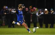 21 January 2023; Dannah O'Brien of Leinster kicks a conversion during the Vodafone Women’s Interprovincial Championship Round Three match between Ulster and Leinster at Queen’s Sport in Belfast. Photo by Ramsey Cardy/Sportsfile