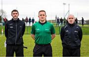 21 January 2023; Referee Eamonn Furlong with his linesmen Conor Daly, left, and Marcas Ó Donnchú before the Walsh Cup Group 1 Round 3 match between Antrim and Galway at Louth GAA Centre of Excellence in Darver, Louth. Photo by Stephen Marken/Sportsfile