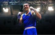 21 January 2023; Gytis Lisinskas of Celtic Eagles Boxing Club, Galway, celebrates after victory over William J McCartan of Gilford Boxing Club, Down, in their super heavyweight 92+kg final bout at the IABA National Elite Boxing Championships Finals at the National Boxing Stadium in Dublin. Photo by Seb Daly/Sportsfile