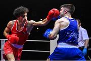 21 January 2023; Joshua Olaniyan of Jobstown Boxing Club, Dublin, left, and Christopher O’Reilly of Holy Family Drogheda Boxing Club, Louth, during their middleweight 75kg final bout at the IABA National Elite Boxing Championships Finals at the National Boxing Stadium in Dublin. Photo by Seb Daly/Sportsfile