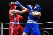 21 January 2023; Judy Bobbett of Liberty Boxing Club, Wicklow, left, and Shauna Kearney of Bunclody Boxing Club, Wexford, during their heavyweight 81+kg final bout at the IABA National Elite Boxing Championships Finals at the National Boxing Stadium in Dublin. Photo by Seb Daly/Sportsfile