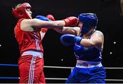 21 January 2023; Judy Bobbett of Liberty Boxing Club, Wicklow, left, and Shauna Kearney of Bunclody Boxing Club, Wexford, during their heavyweight 81+kg final bout at the IABA National Elite Boxing Championships Finals at the National Boxing Stadium in Dublin. Photo by Seb Daly/Sportsfile