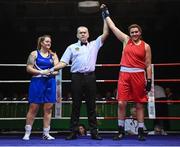 21 January 2023; Judy Bobbett of Liberty Boxing Club, Wicklow, right, celebrates after victory over Shauna Kearney of Bunclody Boxing Club, Wexford, in their heavyweight 81+kg final bout at the IABA National Elite Boxing Championships Finals at the National Boxing Stadium in Dublin. Photo by Seb Daly/Sportsfile