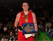 21 January 2023; Judy Bobbett of Liberty Boxing Club, Wicklow, with her trophy after victory over Shauna Kearney of Bunclody Boxing Club, Wexford, in their heavyweight 81+kg final bout at the IABA National Elite Boxing Championships Finals at the National Boxing Stadium in Dublin. Photo by Seb Daly/Sportsfile