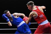 21 January 2023; Sean Purcell of Saviours Crystal Boxing Club, Waterford, left, and Paul Loonam of St Carthages Boxing Club, Offaly, during their featherweight 57kg final bout at the IABA National Elite Boxing Championships Finals at the National Boxing Stadium in Dublin. Photo by Seb Daly/Sportsfile