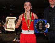 21 January 2023; Paul Loonam of St Carthages Boxing Club, Offaly, with his trophy after his victory over Sean Purcell of Saviours Crystal Boxing Club, Waterford, in their featherweight 57kg final bout at the IABA National Elite Boxing Championships Finals at the National Boxing Stadium in Dublin. Photo by Seb Daly/Sportsfile