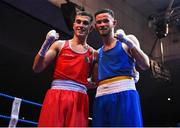 21 January 2023; Paul Loonam of St Carthages Boxing Club, Offaly, left, and Sean Purcell of Saviours Crystal Boxing Club, Waterford, after their featherweight 57kg final bout at the IABA National Elite Boxing Championships Finals at the National Boxing Stadium in Dublin. Photo by Seb Daly/Sportsfile