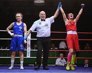 21 January 2023; Niamh Fay of Phoenix of Ballyboughal Boxing Club, Dublin, right, celebrates after her victory over Jennifer Lehane of DCU Athletic Boxing Club, Dublin, in their bantamweight 54kg final bout at the IABA National Elite Boxing Championships Finals at the National Boxing Stadium in Dublin. Photo by Seb Daly/Sportsfile