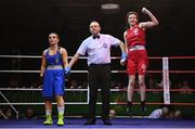21 January 2023; Nicole Buckley of St Carthages Boxing Club, Offaly, right, is declared the winner over Ciara Walsh of Smithfield Boxing Club, Dublin, during their minimumweight 48kg final bout at the IABA National Elite Boxing Championships Finals at the National Boxing Stadium in Dublin. Photo by Seb Daly/Sportsfile